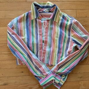 Cropped Rainbow Striped Button-Up